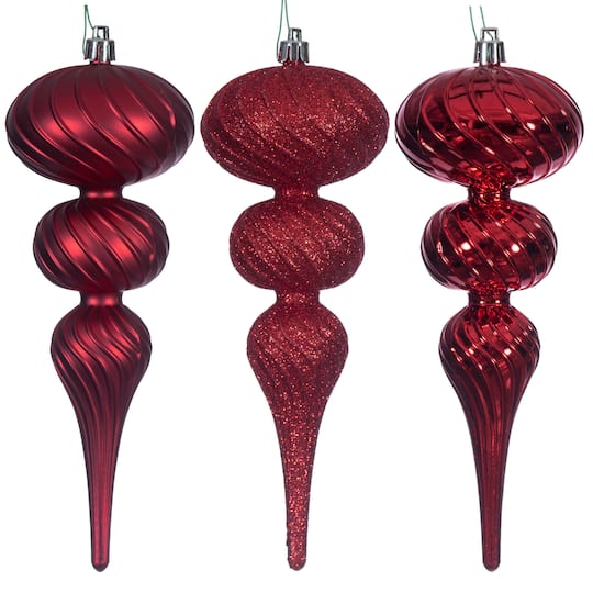 Vickerman 8" Red Swirl Finial Ornament Set